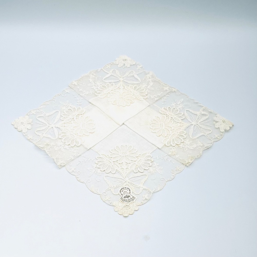 Desco Handkerchief 12x12 Vintage Cream Floral Lace Linen Cotton Austria
